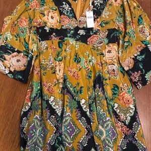 Anthropologie Mustard Floral V-Neck Tunic with Black & Teal Accents